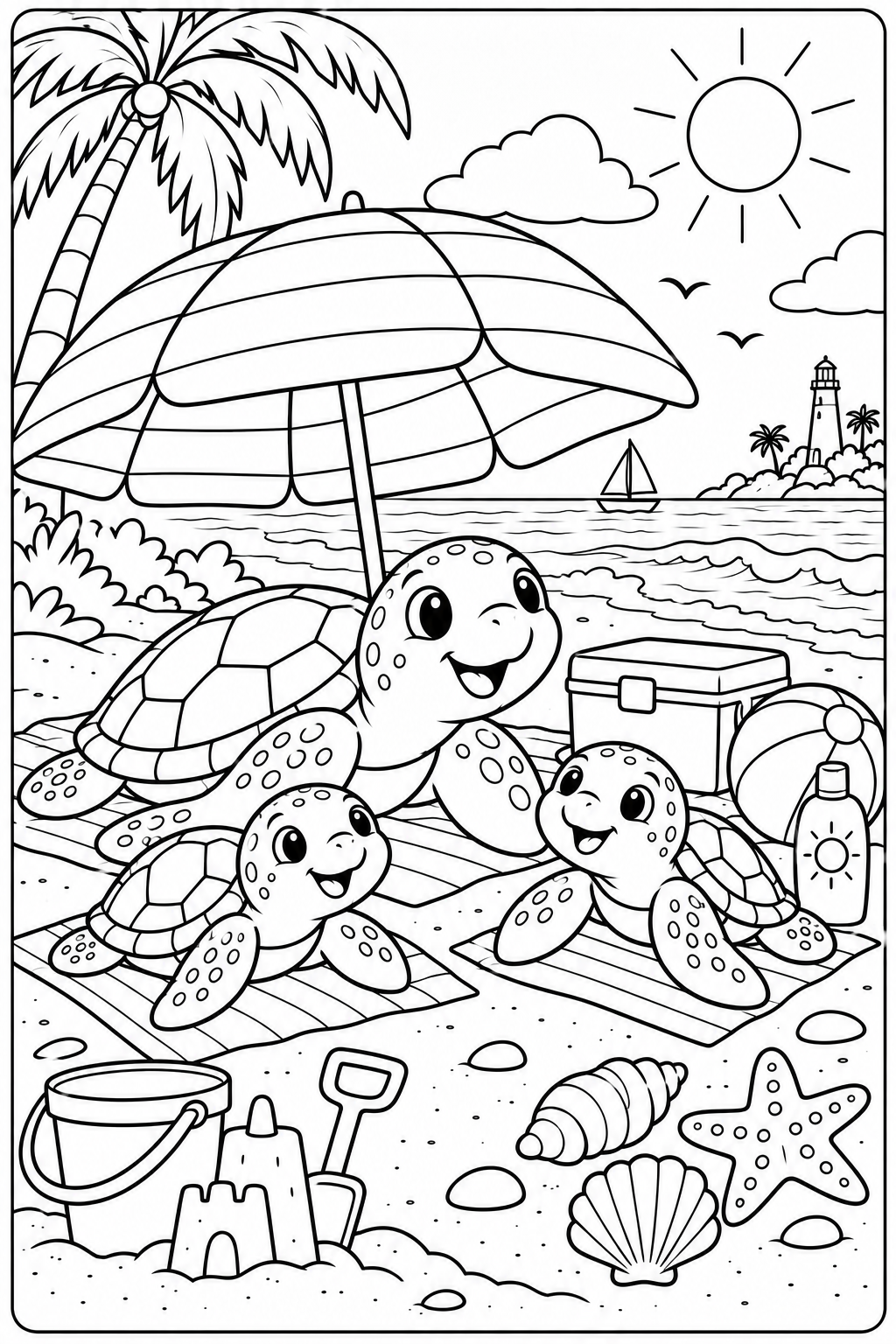 A cozy sea turtle family at the beach